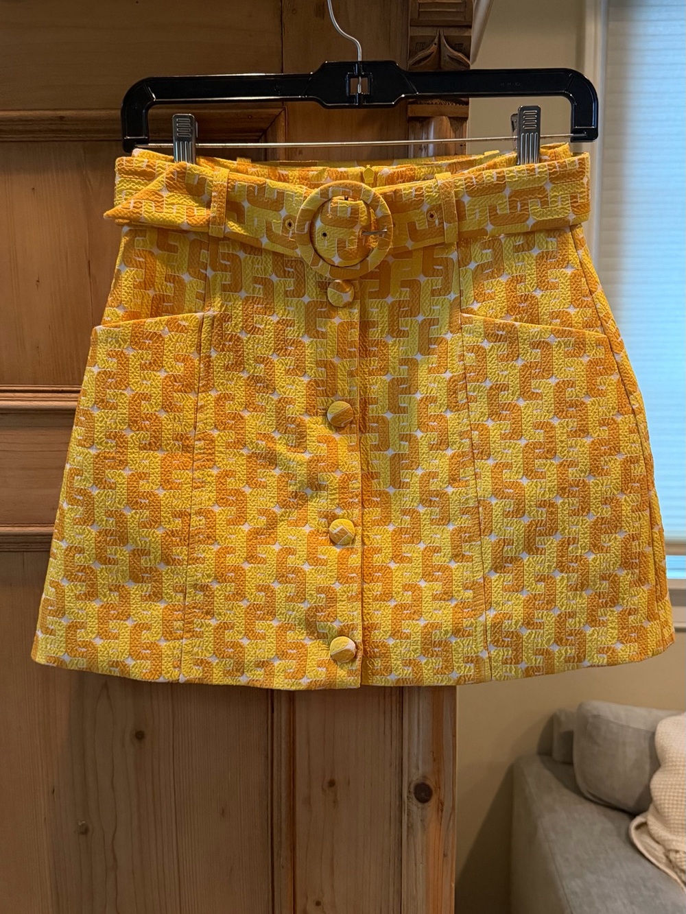 Yellow Textured quilted Button-Front Mini Skirt with Belt